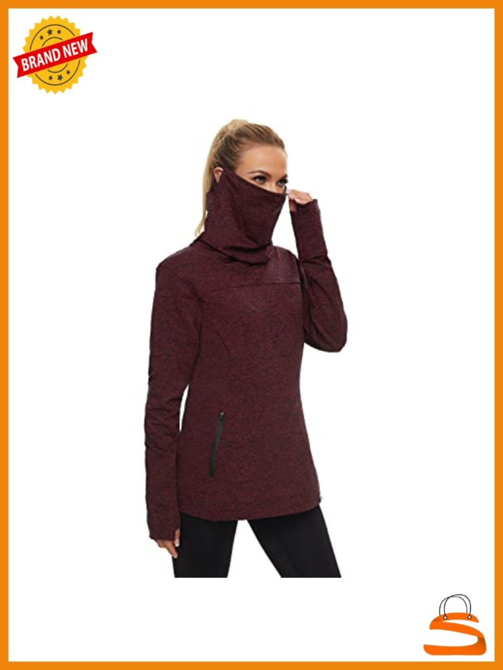 Womens Fleece Running Sweatshirt Cowl Neck Thumb Holes Neck Gaiter